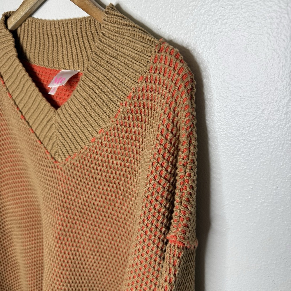 So Me Oversized V-neck Two Toned Textured Sweater Orange Boho Fall Women's Large - Picture 5 of 11